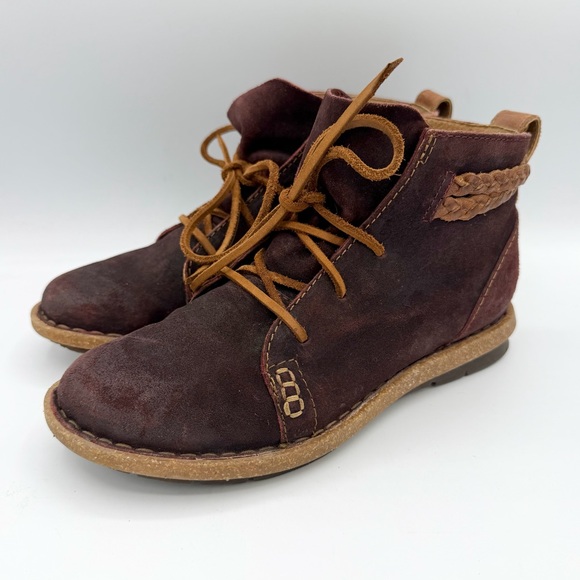 Born Shoes - Born Temple Burgundy suede ankle boots leather laces braided ankle wrap
